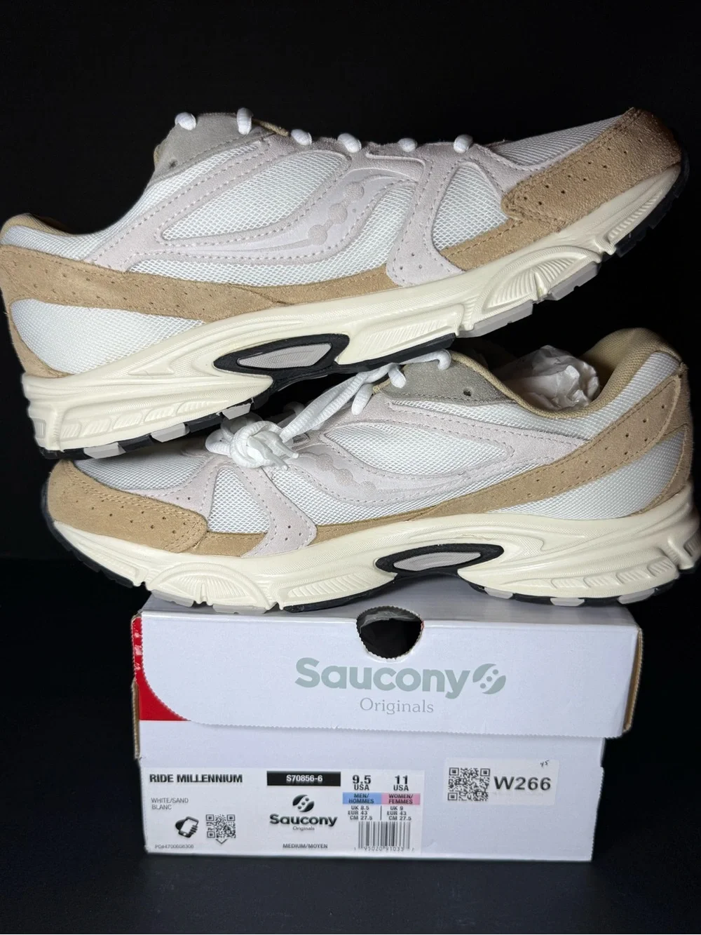 Saucony Men’s Ride Millennium Sneakers — White & Tan size 9.5m